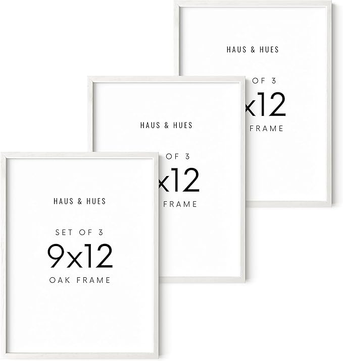 HAUS AND HUES White Oak Wood 9x12 Picture Frames - Set of 3, Elegant Frames for Photos and Posters