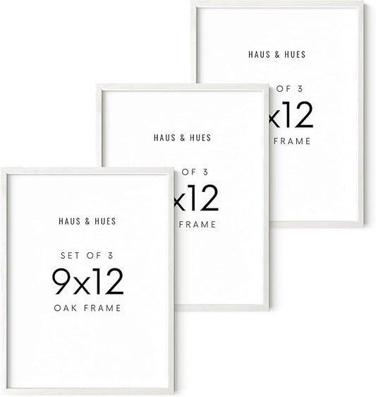 HAUS AND HUES White Oak Wood 9x12 Picture Frames - Set of 3, Elegant Frames for Photos and Posters