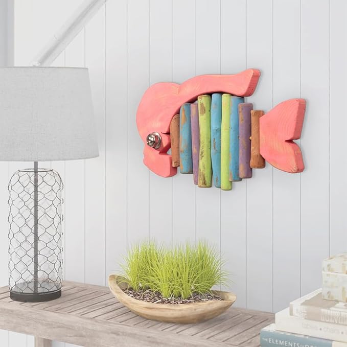 Mint Bucket Brands Driftwood Fish Nautical Wall Decor 15" x 8"- Handmade Wooden Rustic Coastal Wall Art for Living Room, Bedroom, Office, Bathroom - Tiki Bar Decor - Ocean Beach Decoration (Bumpson)