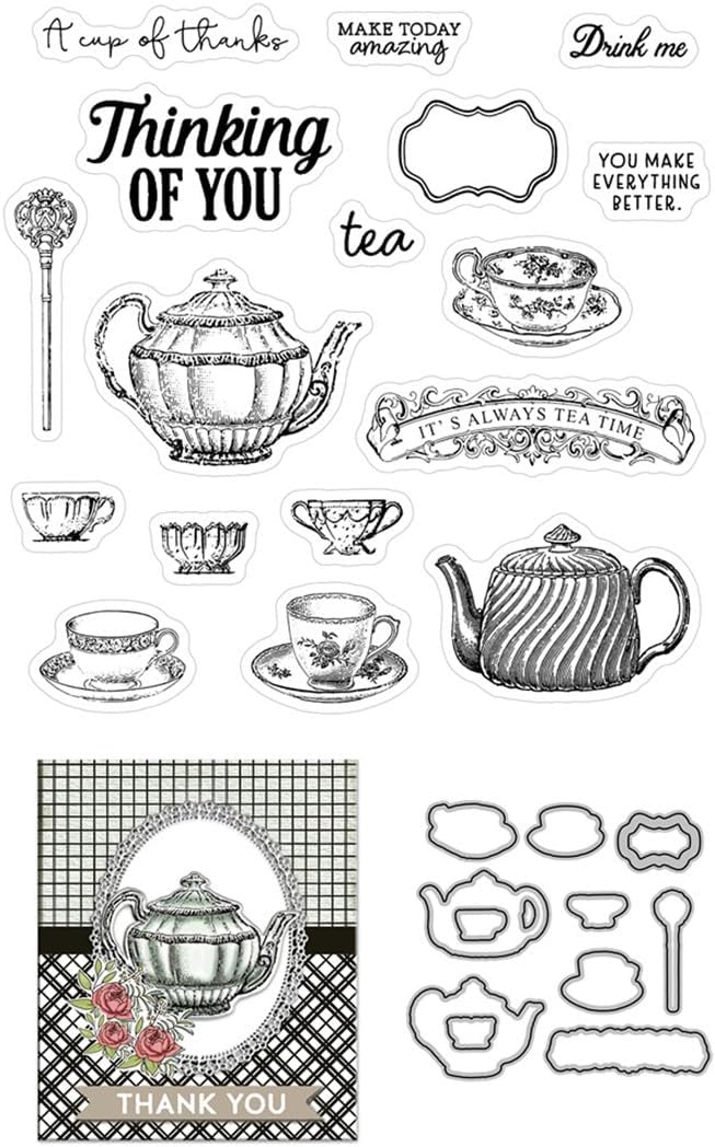 Teapot Coffee Cup Stamps and Cutting Dies for Card Making DIY Transparent Silicone Clear Stamp and Metal Die Cuts Sets for Scrapbooking Paper Greeting Cards Decor Seals Craft Supplies