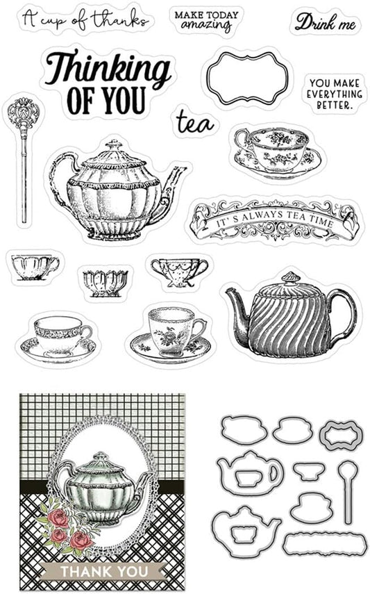 Teapot Coffee Cup Stamps and Cutting Dies for Card Making DIY Transparent Silicone Clear Stamp and Metal Die Cuts Sets for Scrapbooking Paper Greeting Cards Decor Seals Craft Supplies