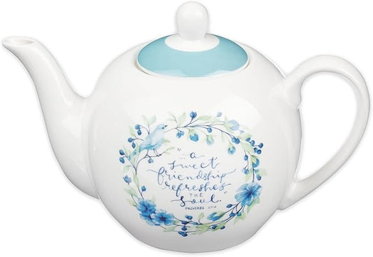 Christian Art Gifts Women's Ceramic Floral Teapot: Sweet Friendship - Proverbs 27:9 Inspirational Bible Verse w/Gift Box, Lead/Cadmium-free, Microwave, Dishwasher & Freezer Safe, Blue Wreath, 30 oz.