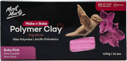 Mont Marte Make n Bake Polymer Clay Signature Baby Pink 400g (14.1oz) Block, Bake in Oven, Soft and Smooth, Sculpting, Craft, DIY Décor, Jewelry