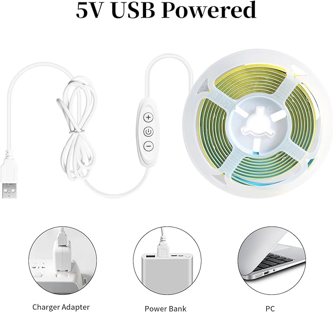 iNextStation 6.6ft/2M Warm White COB LED Light Strip, 640LEDs 5V USB Led Lights for TV, 3000K Dimmable LED Strip Lights, CRI93+ Flexible LED Tape Lights for TV Backlight, Outdoor, Bedroom, Mirror