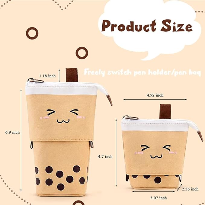 Cute Standing Pencil Case Pen Holder for Kids, Pop Up Stand UP Bubble Tea Pen Organizer Kawaii Stationary for Christmas Holiday New Year Office (Brown)