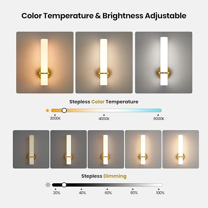 Battery Operated Wall Sconces, 15 Inch Gold Wireless Wall Sconces Set of Two, 10000mAh Rechargeable Sconces with Remote Control, 3000K-6000K Modern LED Dimmable Wall Lights for Bedroom Living Room