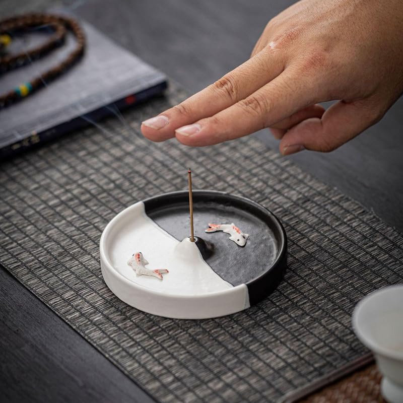 Incense Holder Modern Minimalist Circular Incense Stick Burner for Cones or Sticks for Yoga & Meditation, Enhance Atmosphere,Ceramic Ash Catcher Black - Image 3