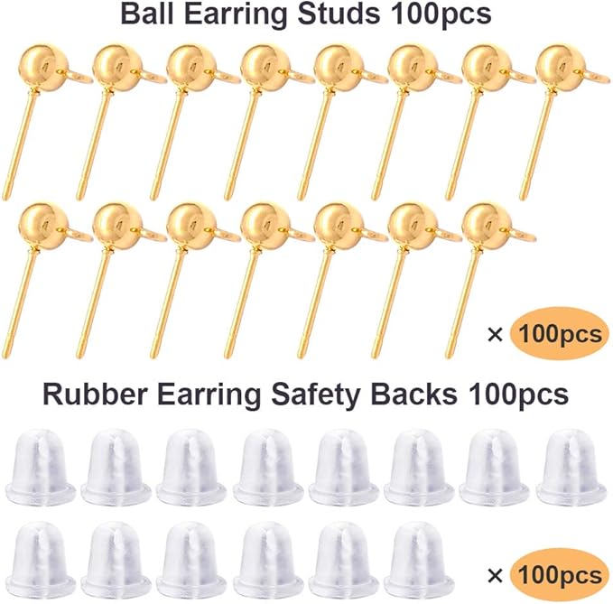 100pcs Ball Post Earring Studs for Jewelry Making, Round Ball Earring Posts with Loop Hypoallergenic Ear Pins and 100Pcs Clear Ear Backs for DIY Jewelry Findings Making Kit(KC Gold)
