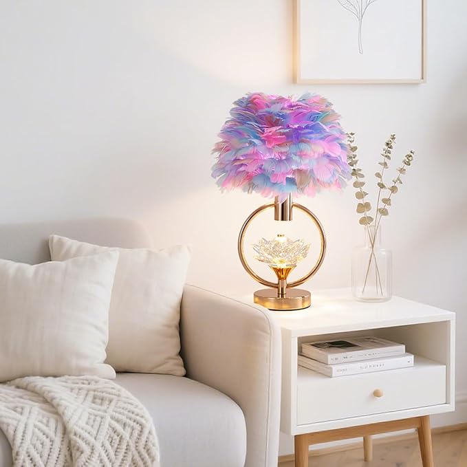 Colorful Feather Lamp 17IN Unique Fluffy Table Lamp Crystal Feather Bedside Nightstand Lamp Nordic Desk Light for Girl Bedroom Wedding Christmas Gift Deco Living Room Entry Office