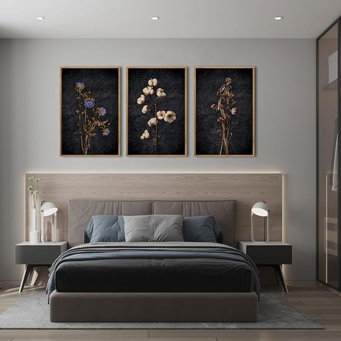Anyzal Large Dark Moody Wall Art Framed Black Dried Floral Wall Decor Vintage Wildflower Artwork Prints for Living Room Bedroom Office 16x24 Inch Set of 3
