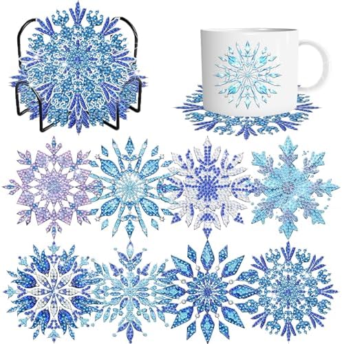 Demonwer 8 Pieces Snowflake Diamond Art Coasters Kits DIY Christmas Diamond Coasters with Holder 5d Snowflake Diamond Dot Coaster for Adults Diamond Painting Kits Supplies by Demonwer