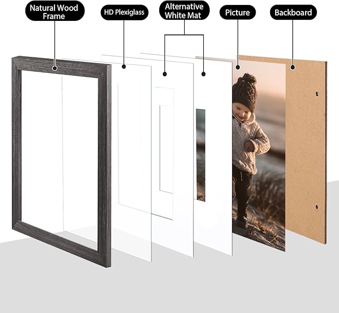 KINLINK 11x14 Picture Frame Ash Black, Solid Wood Frames with Acrylic Plexiglass for Pictures 5x7/8x10 with Mat or 11x14 without Mat, Tabletop and Wall Display, Set of 4