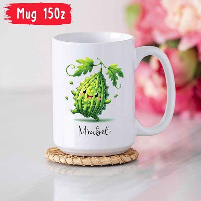Personalized Cute Bitter Gourd Vegetable Coffee Cup 11oz 15oz, Funny Bitter Gourd White Ceramic Mug Gifts For Men Women, Custom Name Bitter Gourd Lover Coffee Mug, Bitter Gourd Fans Travel Cups