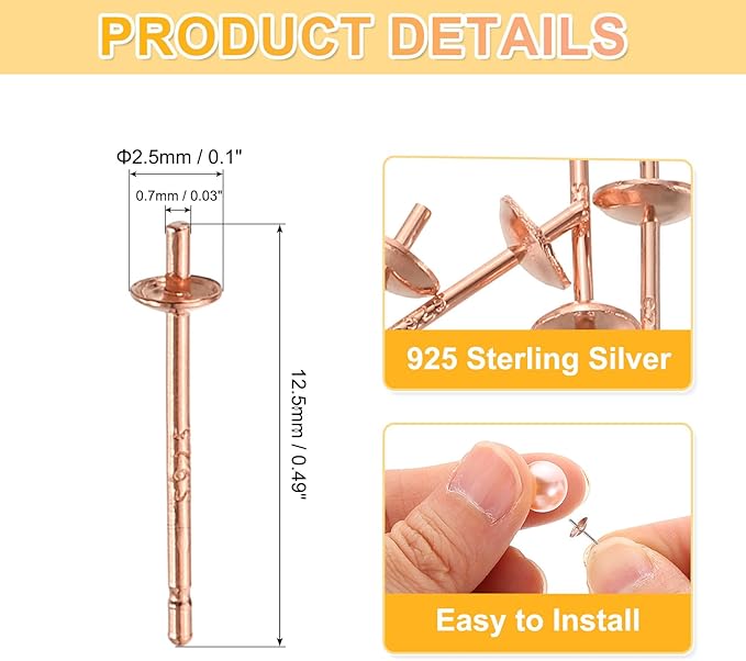 uxcell 3 Set 925 Sterling Silver Earring Posts, Pearl Cup Pad Earring Stud Blanks for DIY Earrings Jewelry Making Findings, Rose Gold Plated, 2.5mm/0.1" Cup Size