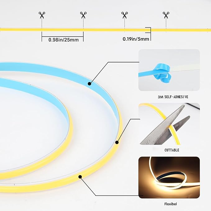 2M/6.56Ft Dimmable COB LED 5V USB Type-C Strip Light with Memory Function,Warm White 2700K Tape Light for Monitor TV Backlight,Mirror,Cabinet,staircases,DIY Lighting with Remote Control
