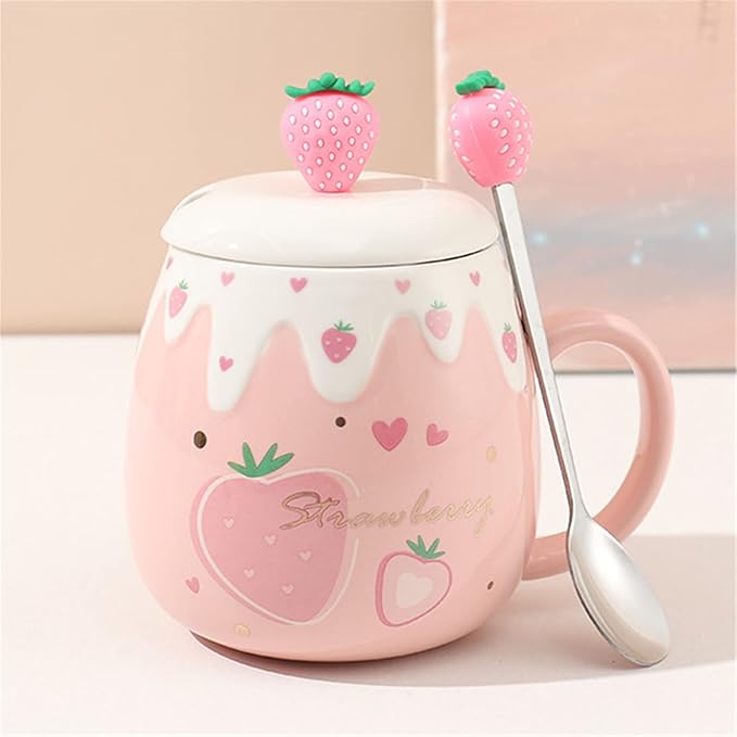 Coffee Mug Cups Ceramic Tea Cup Fruits Strawberry Shaped Handmade Cute Mugs With Lid Spoon Handle Office Home Hot Ice Chocolate Milk Mugs Gifts Microwave Dishwasher Safe Travel Mugs (Pink)