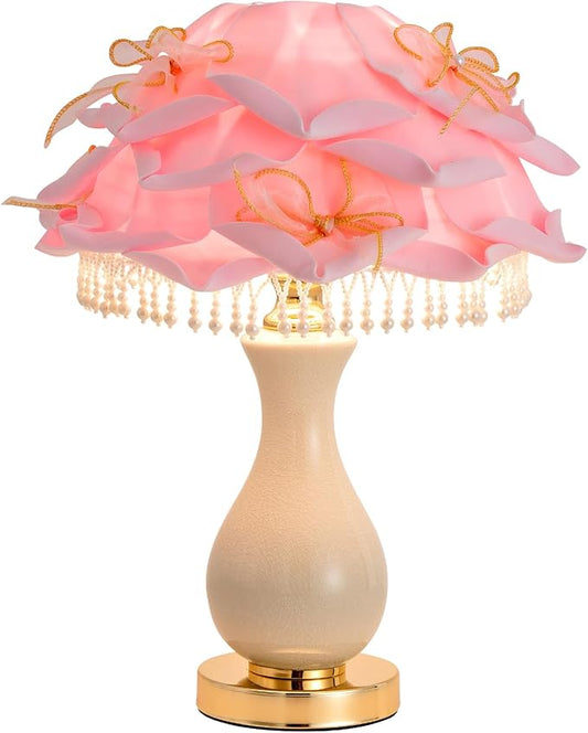 Pink Flower Lamp Nordic Rose Flower Table Lamp Modern Ceramic Nightstand Light Romantic Princess Bedside Lamp for Girl Wedding Valentines Christmas Gift Deco Bedroom Living Room Entry
