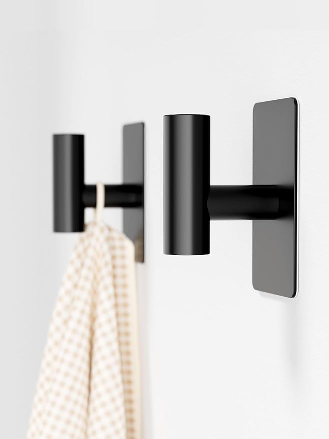 Towel Hooks for Bathrooms – 2 Pack, Matte Black Finish, T-Shaped Stainless Steel Adhesive Wall Hooks for Robes & Towels in Kitchen, Shower, or Closet