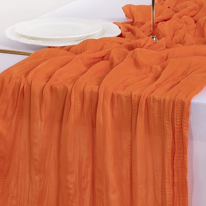 Socomi 10pcs Orange Valentine's Day Cheesecloth Table Runner Boho Rustic Gauze 120 inch 10FT Cheese Cloth Runner for Wedding Party Baby Shower Birthday Home Decor Holiday Decorations