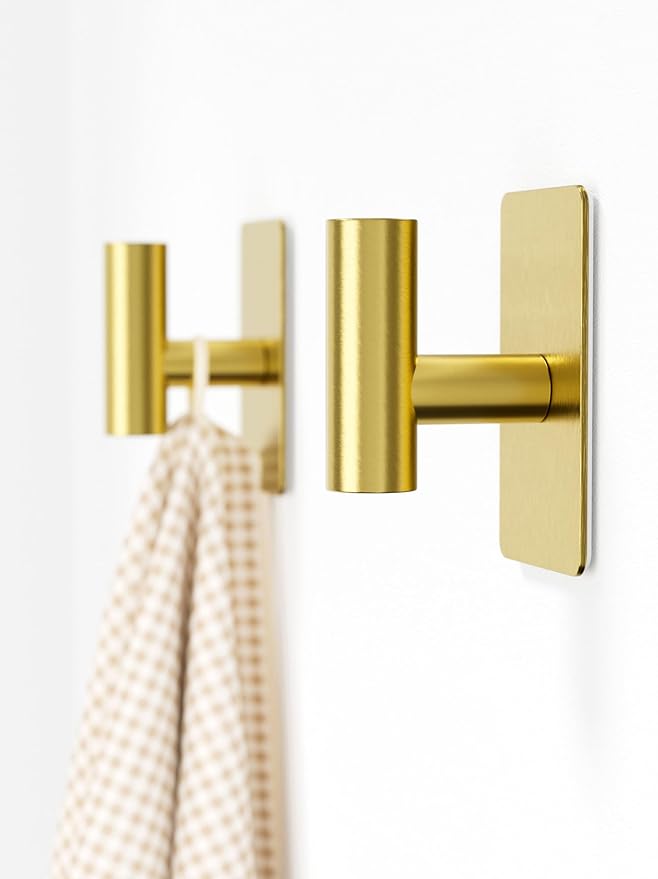 Towel Hooks for Bathrooms – 2 Pack, Brushed Gold Finish, T-Shaped Stainless Steel Adhesive Wall Hooks for Robes & Towels in Kitchen, Shower, or Closet
