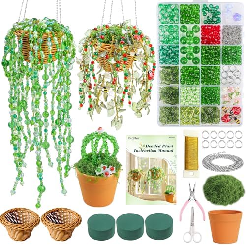 Ecoofor Green Beads Beaded Plant Kit, Makes 3 Plant Pots, Glass & Crystal Leaf Pieces, Video Tutorials Included, Handmade Gift for Plant Lovers, Beaded Plant Kit by Ecoofor