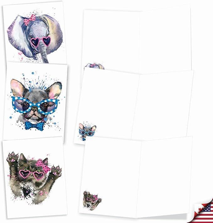 The Best Card Company - 20 Bulk Animal Note Cards Blank (4 x 5.12 Inch) - Fun Assorted Notecards with Envelopes (10 Designs, 2 Each) - Funky Colorful Creatures AM6749OCB-B2x10