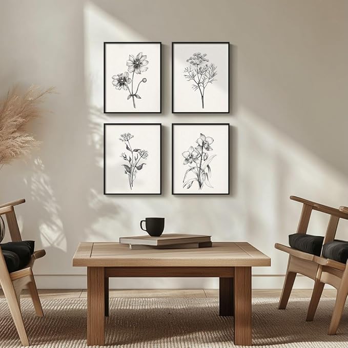 Framed Black and White Bathroom Wall Art, 4 Piece Vintage Floral Canvas Prints Artwork for Farmhouse, Rustic Minimalist Flower Botanical Pictures for Bedroom Living Room Wall Decor, 8x10x4 (Pack)