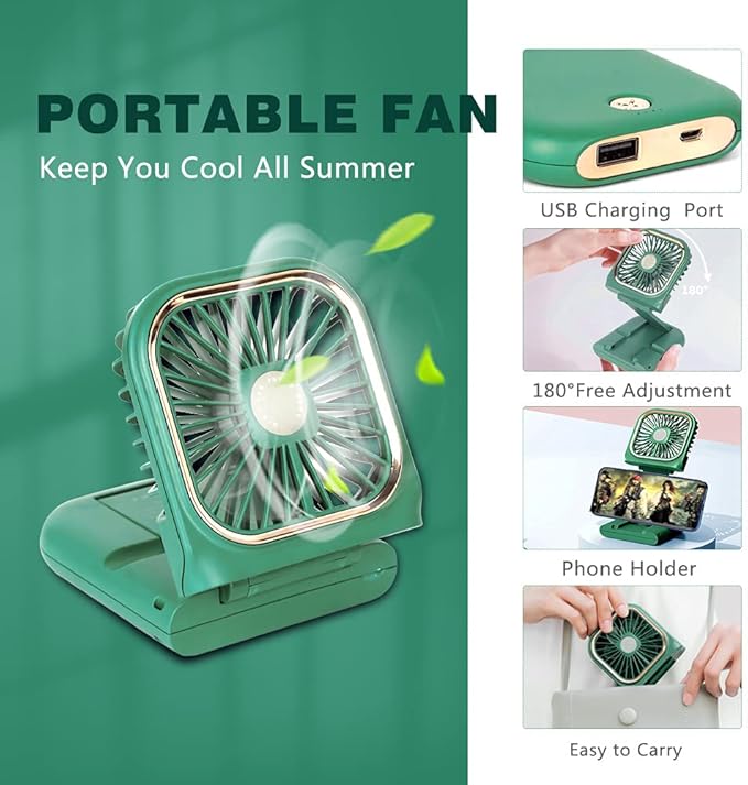 Portable Mini Fan - 5 in 1 with Phone Holder, Desk Fan, USB Rechargeable, 3000 mAh Power Bank, 3 Speed Adjustable, Neck Lanyard, Green