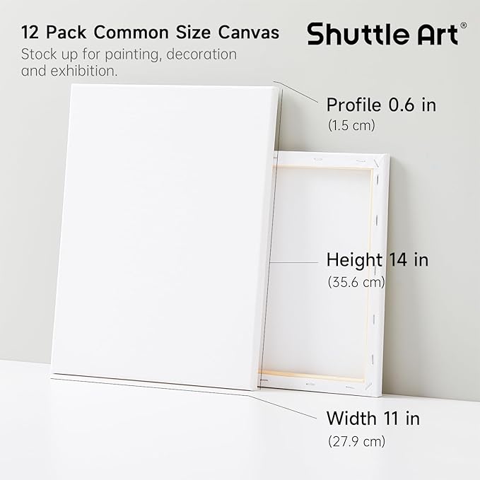 Shuttle Art Stretched Canvas, 12 Pack 11 x 14 Inch Canvases for Painting, 100% Cotton, Primed White, Premium Painting Canvas for Beginners and Artists for Acrylic, Oil, Acrylic Pouring Painting