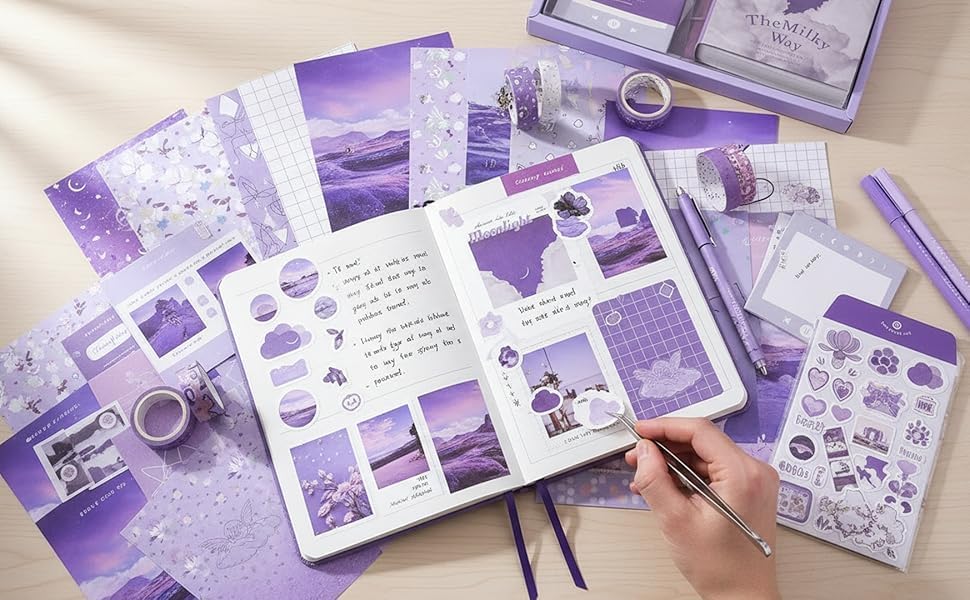 ATIRAMANIYA Vintage Aesthetic Scrapbook Kit(346Pcs) Scrapbooking Supplies Kit with Bullet Junk Journal,Stationery,A6 Grid Notebook Journaling Gift for Girl (Purple Scrapbook) - Image 4