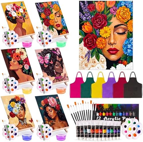Cholemy 6 Set Paint and Sip Kit for Adults 8"x 10" Pre Drawn Canvas Painting with Wooden Easel Acrylic Paint Wash Cup Brushes Palette Apron for Painting DIY Adult's Date Party Supplies(Flower Lady) by Cholemy