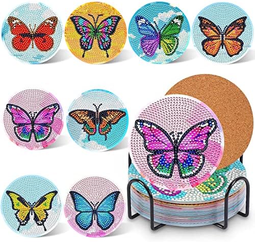 UPINS 8Pcs Butterfly Diamond Art Painting Coasters for Drinks by UPINS