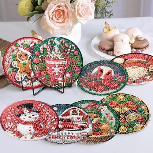 8 Pcs Christmas Diamond Art Painting Coasters Kits,Winter Snowman Coaster with Holder for Adults, Non-Slip DIY Dot Paint Craft Kits,5D Full Drill DIY Diamond Dot Gem Art Kit Home Decor Arts Craft - Image 3