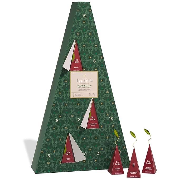 Tea Forte Herbal Tea Advent Calendar Gift Set; 24 Individually Wrapped Handcrafted Assorted Pyramid Infuser Tea Bags with Numbered Doors, Warming Joy (Herbal)