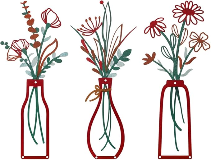 Bochino 3 PCS Metal Flowers Wall Arts, Rustic Farmhouse Decor Minimalist Flower Wall Decors for Living Room Bathroom Bedroom Dining Room Kitchen, Perfect Housewarming Gifts (K-Red)