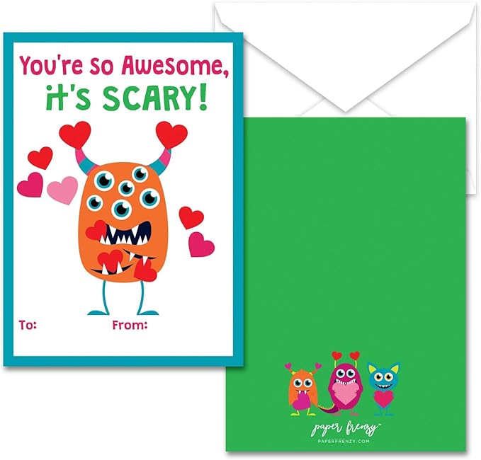 Paper Frenzy Friendly Monster Themed Valentines - 25 pack WITH ENVELOPES
