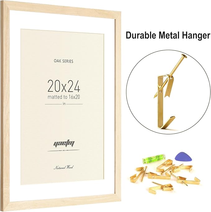 Yaetm 20x24 Picture Frame Matted to 16x20 Set of 3, Natural Solid Oak Wood Frame with Plexiglass for Wall Mount, Wide Molding (3 pack, Oak)