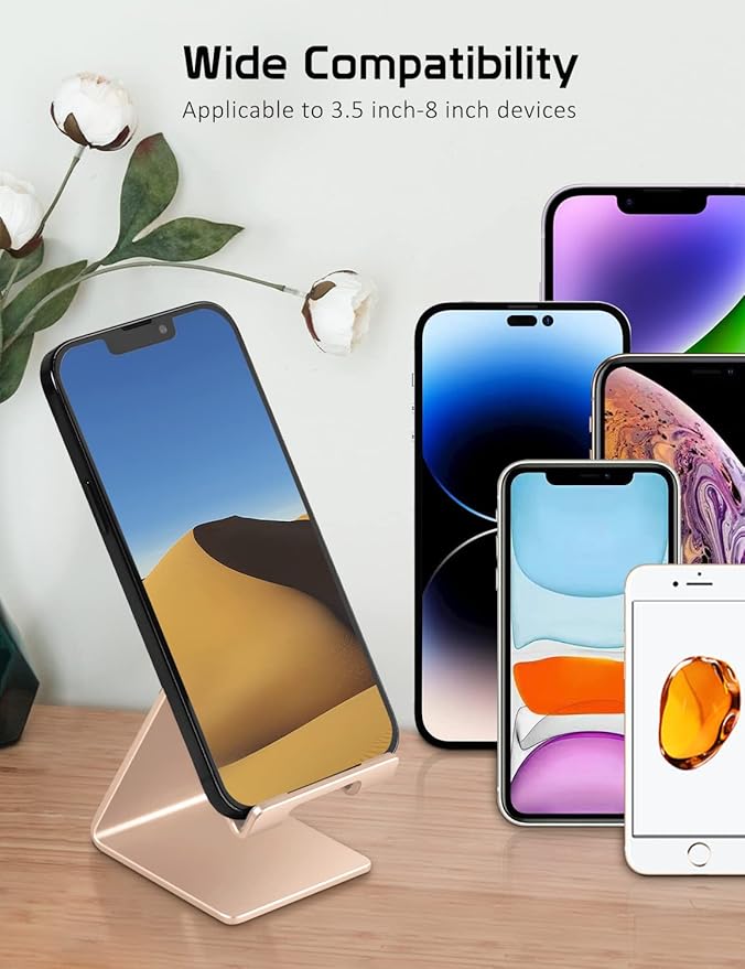 Phone Stand, Aluminum Phone Holder for iPhone 16 15 14 13 12 11 X 8 7 6 Plus 5, Tablet, Samsung, Huawei, Suitable for All Smartphones, Adding a Touch of Style to Your Office Decor, Gold