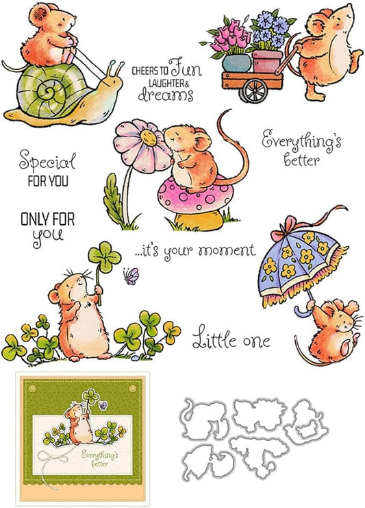 Cozy Mouse Mushroom Stamps and Cutting Dies for Card Making DIY Transparent Silicone Clear Stamp and Metal Die Cuts Sets for Scrapbooking Paper Greeting Cards Decor Seals Craft Supplies