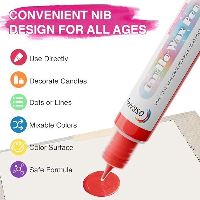 Candle Wax Pen, 6 Vibrant Colors Wax Pen Set, Beginner-Friendly for Festival, Birthday Candle Decorating, Blessing Writing & More DIY Crafts(30ml/1oz*6)