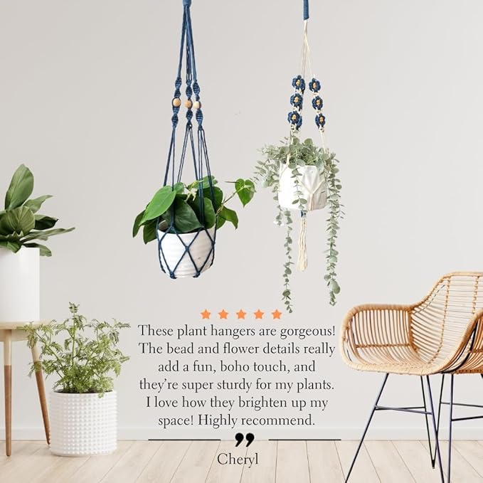 Set of 2 Macrame plant hanger with Daisies & Beads | Hanging plant holder Macrame Plant hangers outdoor and indoor hanging planters Plant stand indoor Boho Decor hanging planter stand (Peacock Blue)