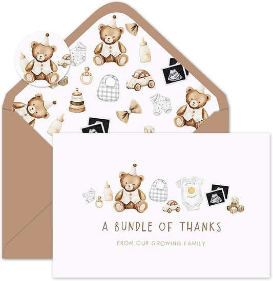 Whaline 24 Pack Bear Baby Shower Thank You Cards A Bundle of Thanks From Our Growing Family Note Cards with Envelope Sticker Greeting Blank Card for Birthday