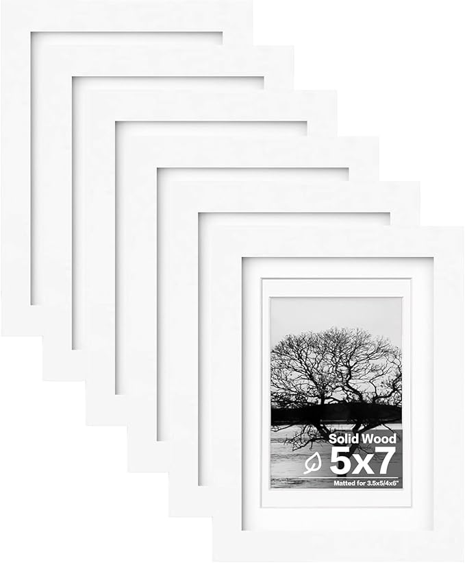 Egofine 5x7 Picture Frames 6 PCS - Made of Solid Wood Covered by Plexiglass Matted for 4x6 and 3.5x5 for Table Top Display and Wall Mounting photo frame White
