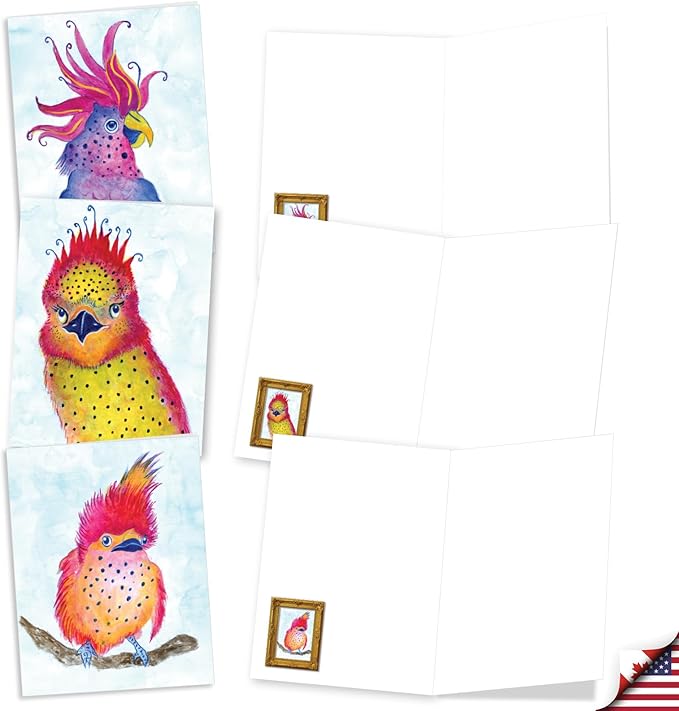 The Best Card Company 20 Assorted Blank Notecards Bulk Box Set 4 x 5.12 Inch with Envelopes (10 Designs, 2 Each) Funky Birds AM11015OCB-B2x10