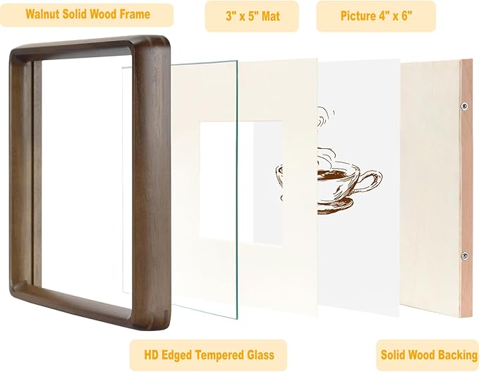 HELPLEX 4x6 Picture Frame Set of 2 - Solid Walnut Wood, Adjustable Mat for 3x5 & 4x6 Photos, Shatter-Resistant Glass - Wall & Tabletop Family Gallery, Modern Minimalist Home Decor