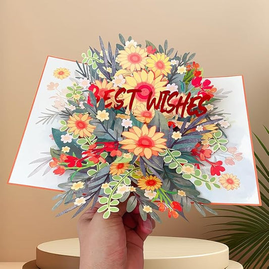 3D Bouquet Pop Up Thank you Card, Teacher Appreciation Card, Handmade Flowers Box Greeting Cards with Note and Envelope for New Year Anniversary Valentines