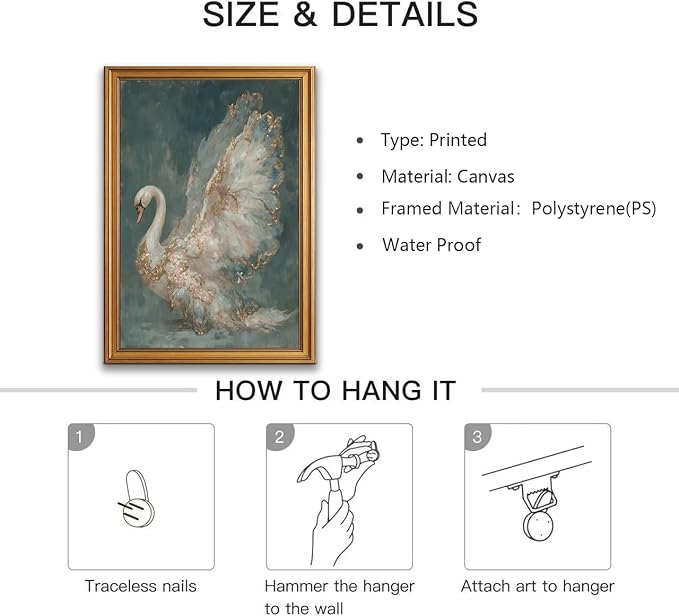 okudolit Gold Framed Vintage Swan Canvas Wall Art Print Luxury Animal Oil Painting Graceful Bird Artwork Picture Baroque Wall Decor for Living Room Bedroom and Office 16"x24"