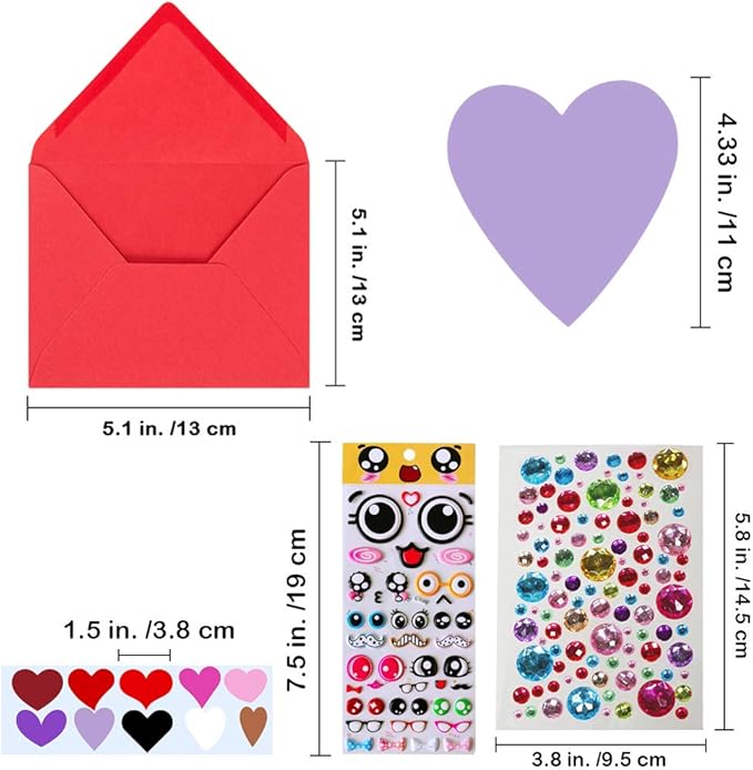 Winlyn 50 Sets DIY Paper Heart Cards and Envelopes Stickers 10 Styles of Blank Die-Cut Heart Cardstock Note Cards with Assorted Hearts Stickers for Mother's Day Valentine's Day Greeting Love Gift