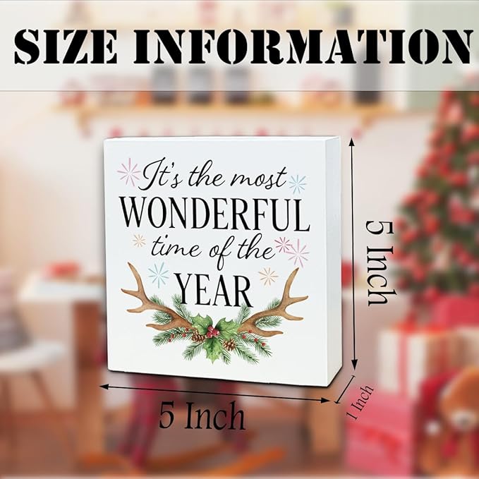Christmas Wooden Desk Decor Sign, It's The Most Wonderful Time of The Year Rustic Holiday Sign, Winter Christmas Tabletop Home Plaque, Farmhouse Xmas Decor 5x5 Inches