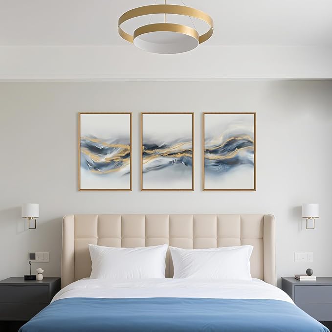 Large Abstract Navy Blue Gold Framed Canvas Wall Art,Watercolor Brush Stroke Wall Decor,Neutral Geometric Wave Artwork,Modern Minimalist Shape Art Print for Living Room,Bedroom,Office-16"x24"x3
